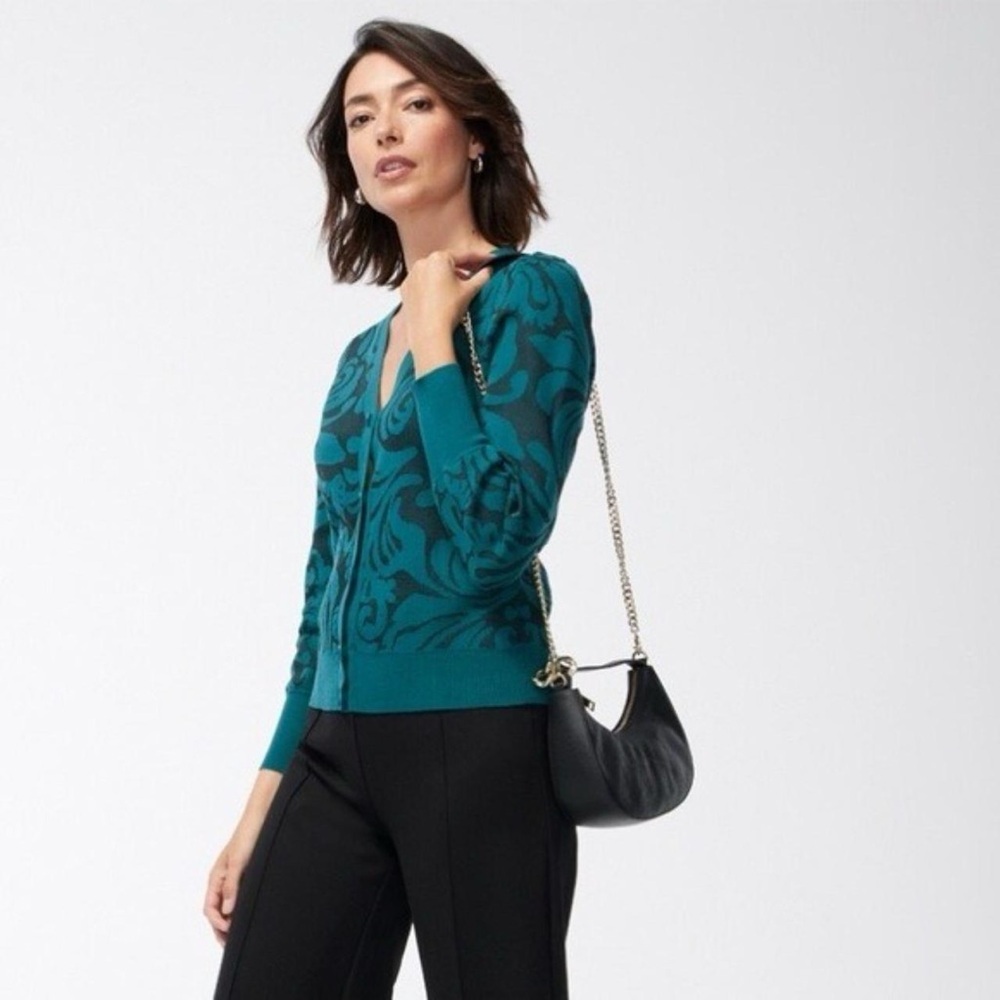 Chico's Women’s Mesh Jacquard Teal and Black Knit Cardigan size large